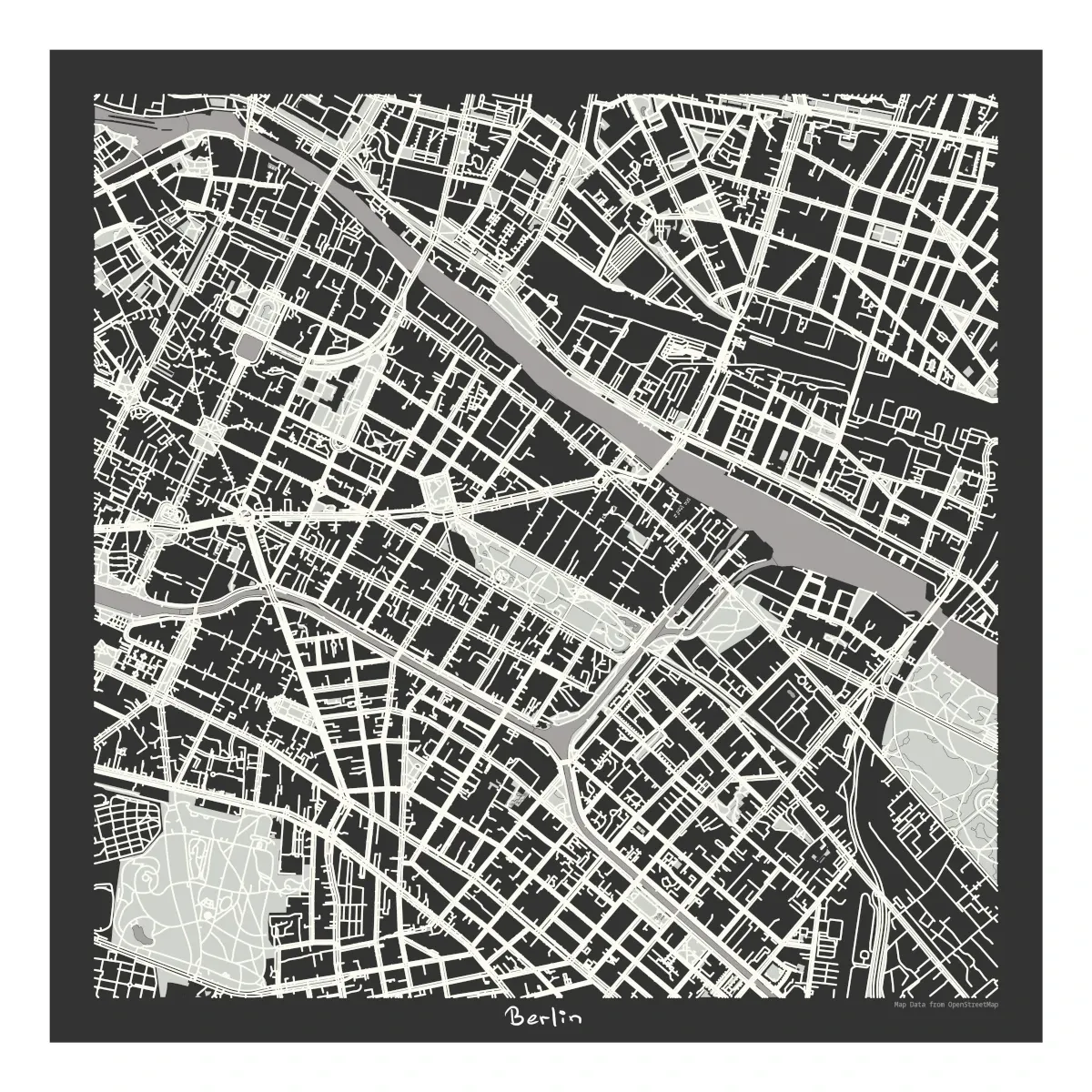 Digitale Karte von Berlin im kontrastreichen, schwarz-weißen Scherenschnitt-Stil mit Fokus auf das Straßennetz um die Spree und Kreuzberg SO36.