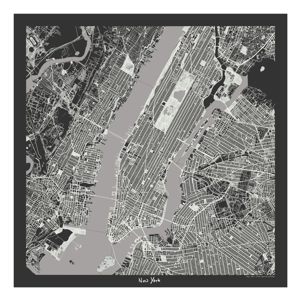 Digitale Karte von New York im kontrastreichen Scherenschnitt-Stil mit Fokus auf das markante Straßenraster von Manhattan, den Central Park und den Hudson River.