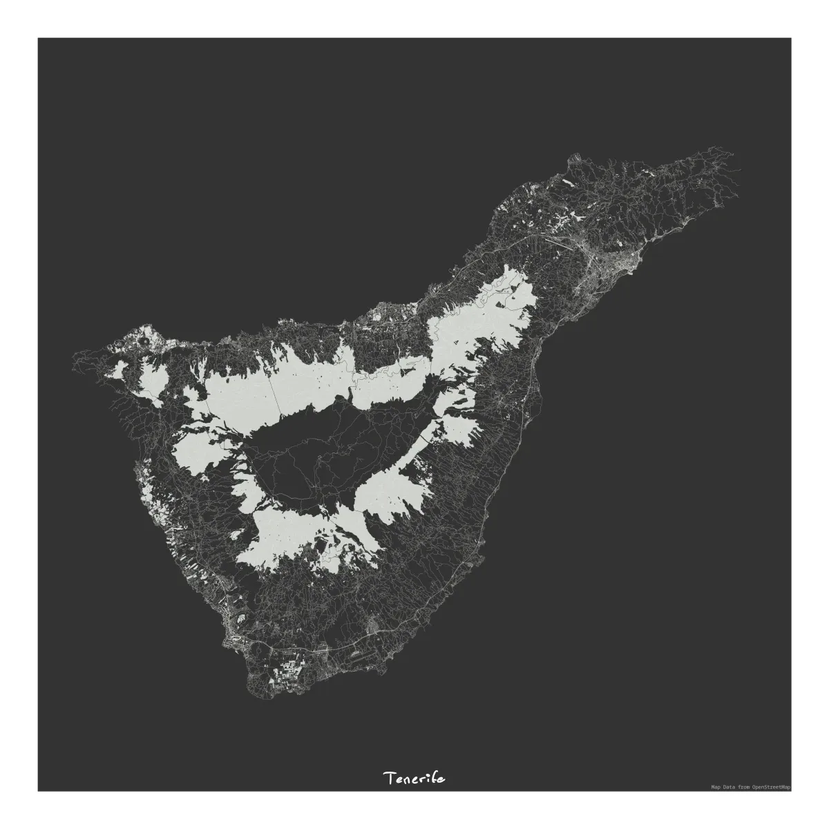 Digitale Karte der Insel Teneriffa im kontrastreichen, schwarz-weißen Scherenschnitt-Stil mit markanter Hervorhebung des Teide-Vulkanmassivs im Zentrum.