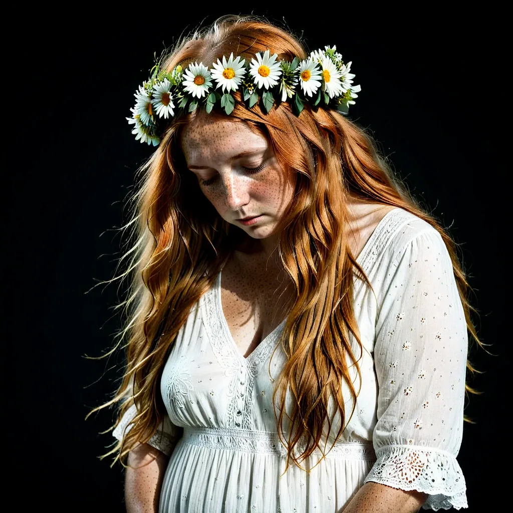 Porträt einer vollschlanken, rothaarigen Frau mit sommerlichem Blumenkranz und weißem Boho-Kleid, die den Blick traurig oder in sich gekehrt senkt.