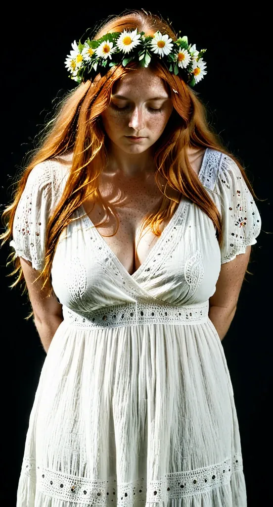 Eine kurvige, rothaarige Frau mit Sommersprossen im weißen Sommerkleid mit Gänseblümchen-Kranz im Haar vor schwarzem Hintergrund.