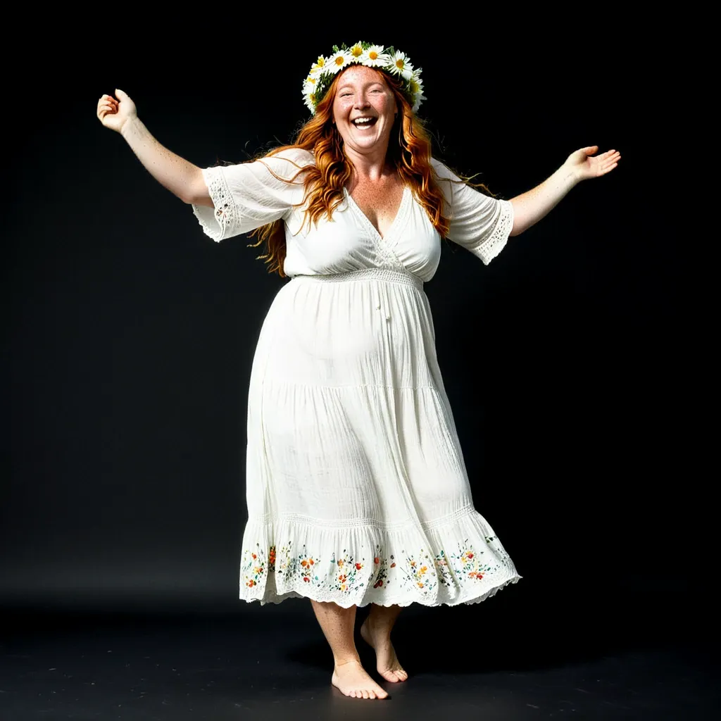 Eine kurvige, rothaarige Frau im weißen Kleid mit Blumenstickerei lacht ausgelassen mit weit ausgebreiteten Armen.