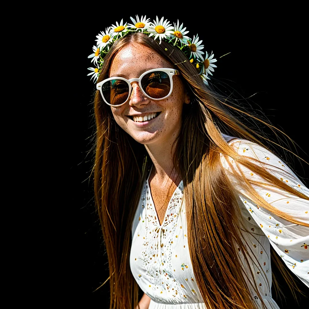 Eine rothaarige Frau mit weißer Sonnenbrille und Blumenkranz lächelt fröhlich, während ihre langen Haare im Wind wehen.