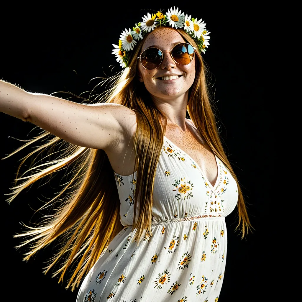 Nahaufnahme einer glücklichen, rothaarigen Frau mit Sonnenbrille und Gänseblümchenkranz, deren Haare dynamisch fliegen.