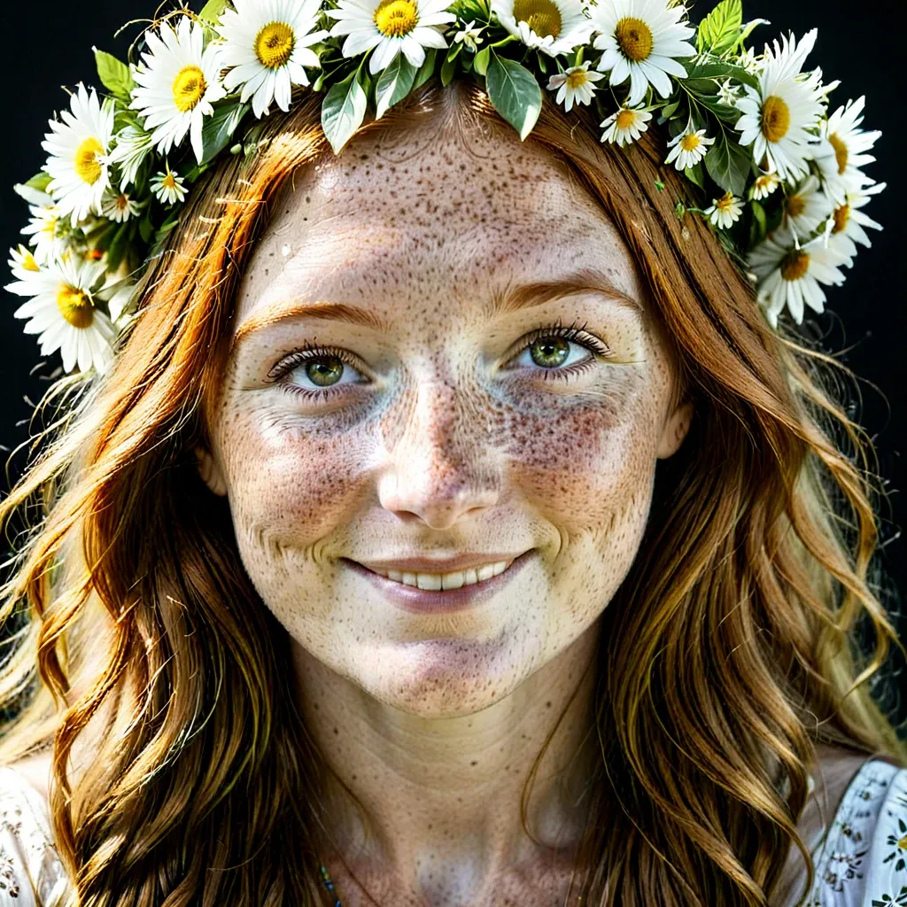 Grossaufnahme des Gesichts einer lächelnden, rothaarigen Frau mit markanten Sommersprossen, grünen Augen und einem Blumenkranz vor schwarzem Hintergrund.