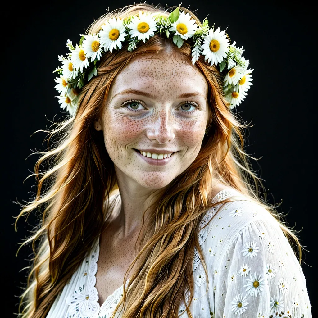 Nahaufnahme einer rothaarigen Frau mit vielen Sommersprossen, die lächelnd mit einem großen Gänseblümchenkranz im Haar zur Seite blickt.