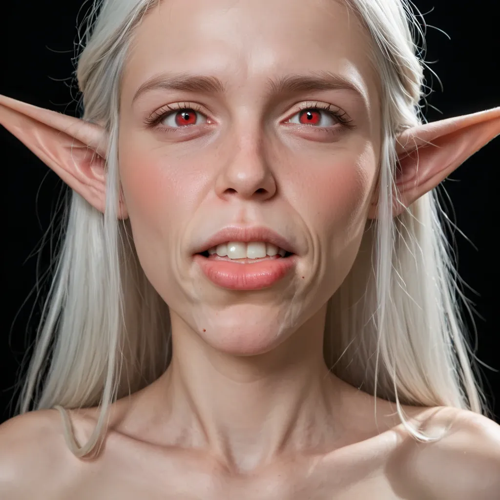 Nahaufnahme einer Elfe mit weißen Haaren und roten Augen mit einem emotional erschöpften, leicht weinerlichen Gesichtsausdruck und leicht geöffnetem Mund.