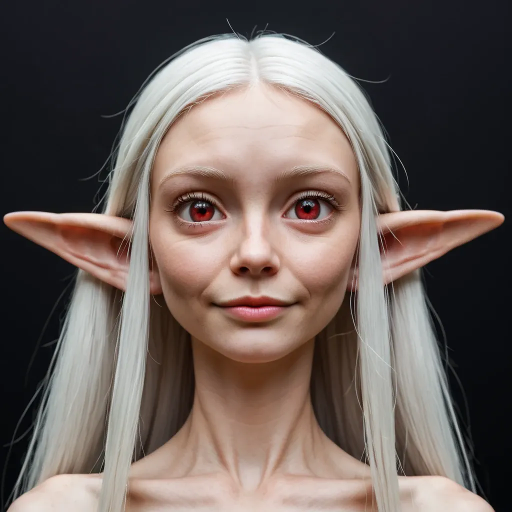 Frontales Porträt einer Elfe mit großen roten Augen, die mit einem neutralen, fast unschuldigen und ruhigen Blick direkt nach vorne schaut.
