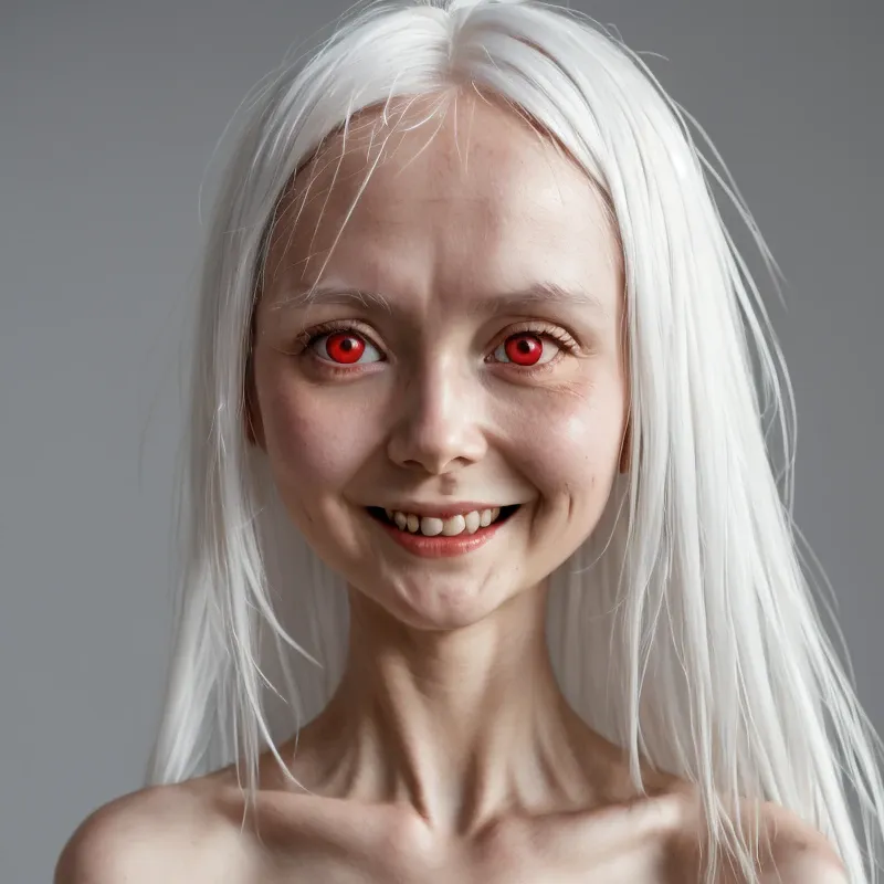 Eine Elfe mit weißen Haaren und roten Augen, die mit einem weiten, gequälten oder hysterischen Lächeln und angespannter Halsmuskulatur in die Kamera sieht.