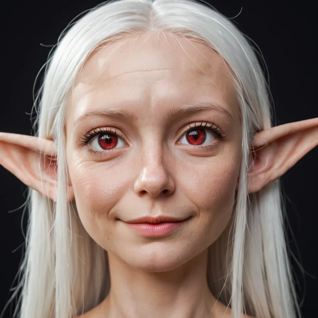 Porträt einer Elfe mit langen weißen Haaren und roten Augen, die mit einem sanften, leicht melancholischen Lächeln und leicht gerunzelter Stirn direkt in die Kamera blickt.