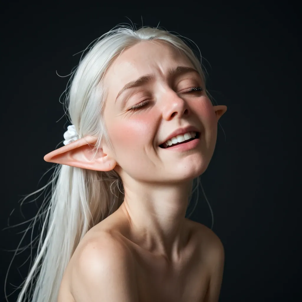 Profil-Porträt einer Elfe mit geschlossenen Augen und geniesst und mit befreit wirkendem Gesichtsausdruck vor dunklem Hintergrund.