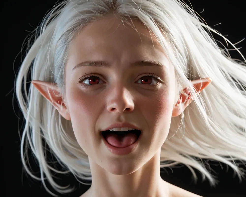 Eine Elfe mit weißen Haaren im Wind, die mit weit geöffneten roten Augen und überrascht oder erschrocken geöffnetem Mund direkt nach vorne blickt.