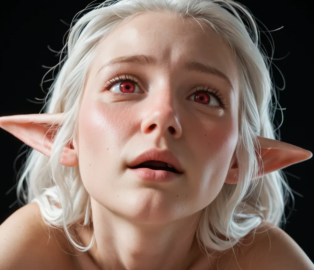 Porträt einer Elfe mit roten Augen, die mit einem angstvollen, flehenden Blick und leicht geöffnetem Mund nach oben rechts schaut.