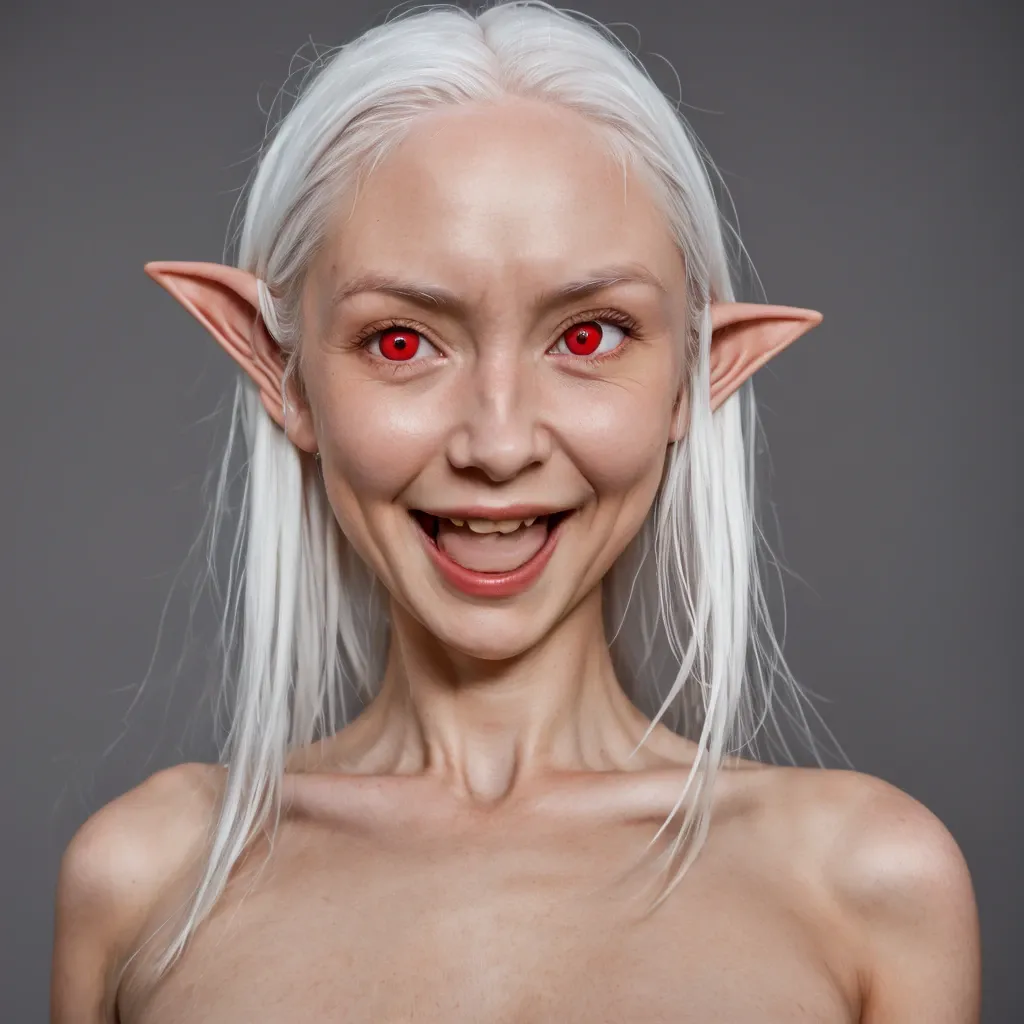 Eine Elfe mit weißen Haaren, die mit weit aufgerissenen roten Augen und einem fast manischen, lachenden Gesichtsausdruck den Mund öffnet.