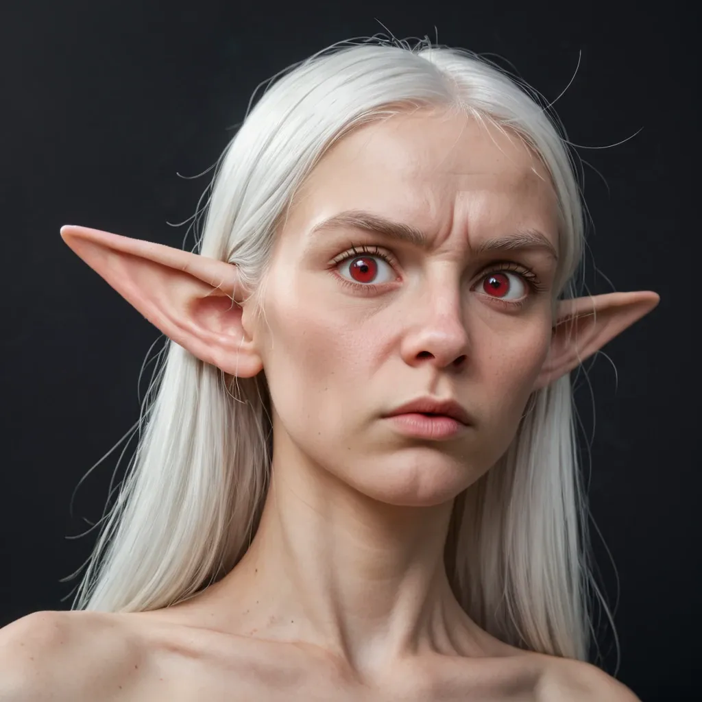 Porträt einer Elfe mit weißen Haaren, die mit tiefen Falten auf der Stirn, zusammengekniffenen roten Augen und skeptischem, zornigem Blick die Kamera fixiert.