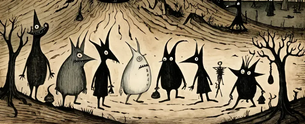 Panorama-Illustration einer Gruppe skurril gezeichneter Schatten-Fabelwesen