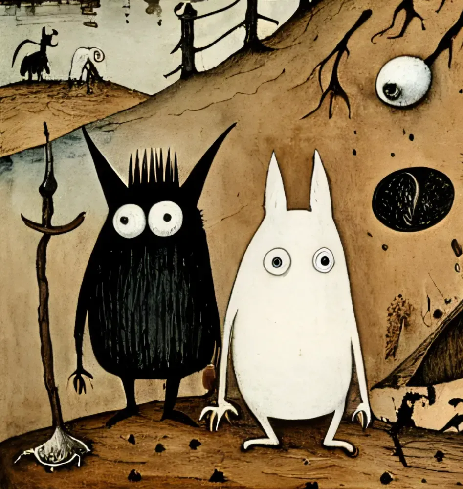 Die zwei stilisierte Monsterfiguren Pikikolo und Lumihaamu in Schwarz und Weiss im düsteren Hieronymus-Bosch-Stil