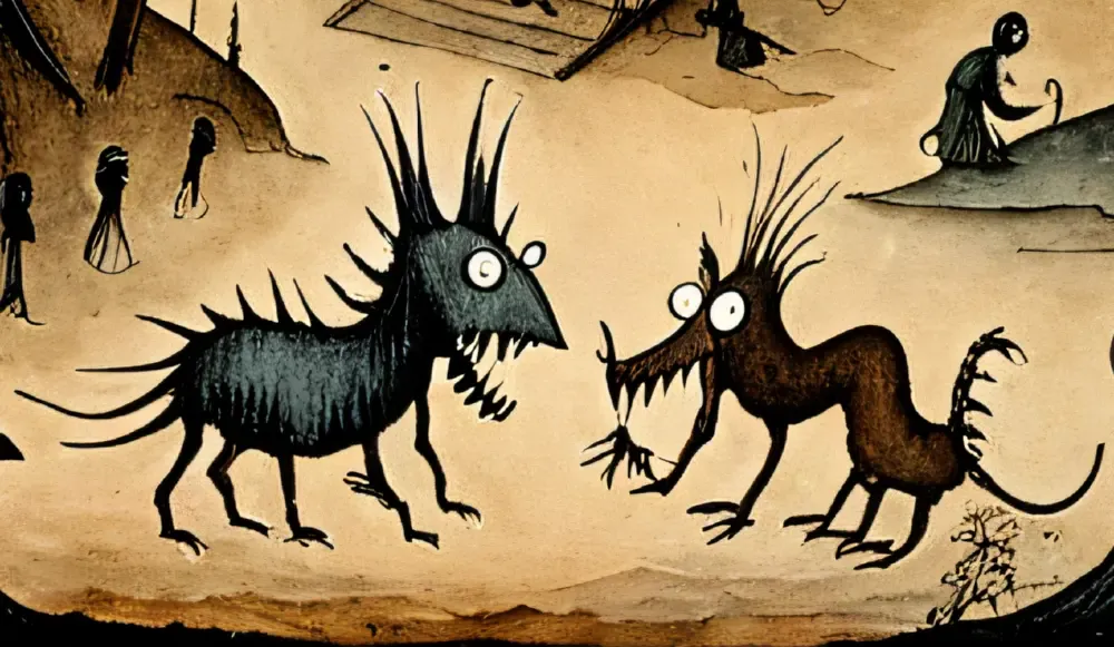 Die zwei stachlige, hundeähnliche Schattenmonster Piikkisusi und Koukkuhammas, im direkten Schlagabtausch