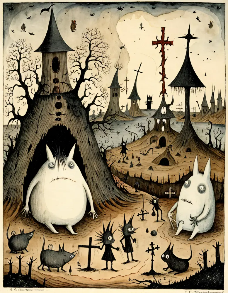 Surreale Friedhofsszene nach Tove Jansson und Hieronymus Bosch, mit spitzdächrigen Türmen und Fabelwesen