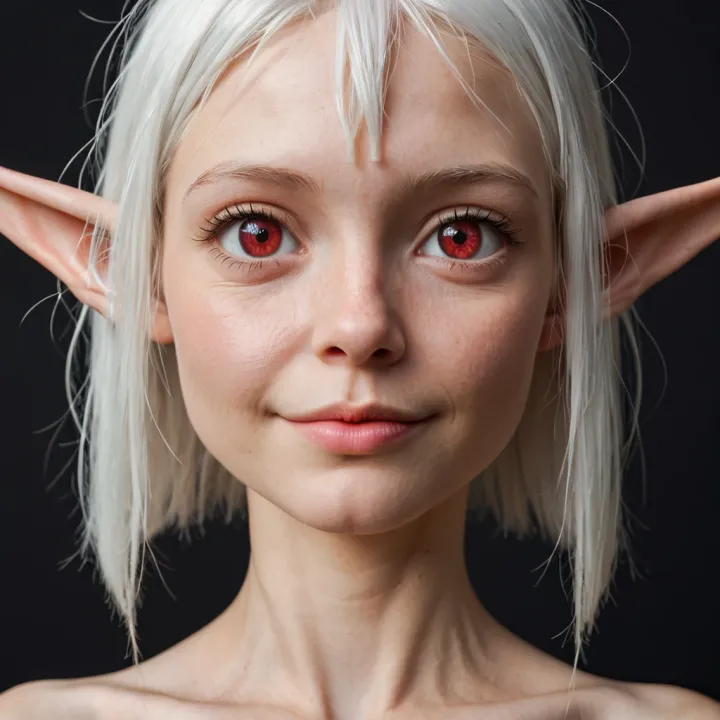 Elfe mit kurzen, weißen Haaren und großen roten Augen blickt mit einem sanften, nahbaren Lächeln direkt nach vorne vor schwarzem Hintergrund.
