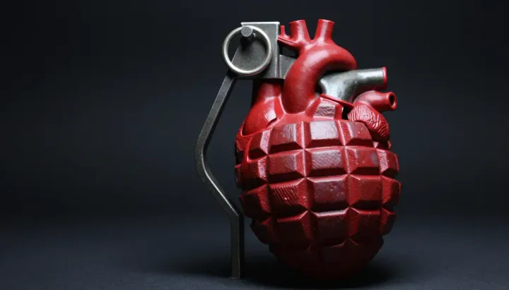 Hand-Grenade Heart: Eine Skulptur eines anatomischen, roten Herzens, das nahtlos mit dem Körper einer metallischen Handgranate verschmilzt.