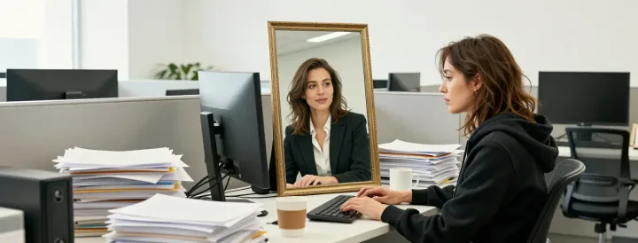 Eine erschöpfte Büroarbeiterin im schwarzen Hoodie tippt am Schreibtisch und blickt in einen Spiegel, der sie als erfolgreiche Geschäftsfrau im eleganten Blazer zeigt.